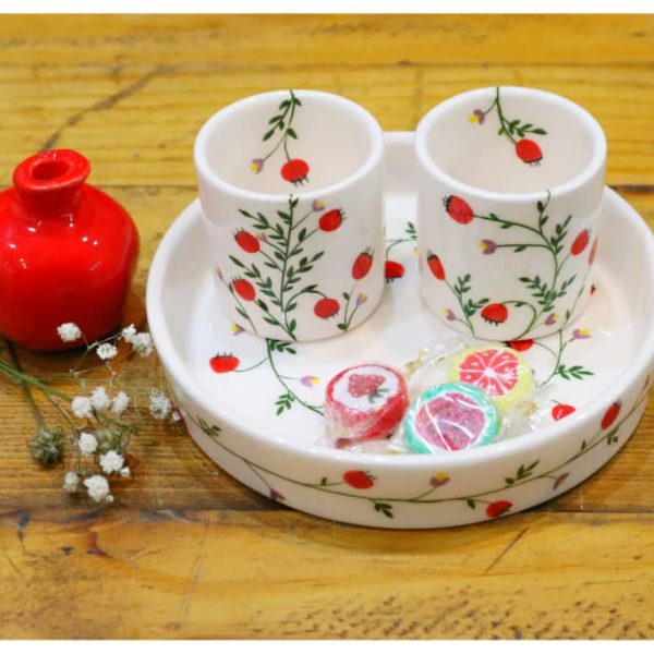 لیوان وبشقاب سرامیک دست ساز-لعاب دار-بشقاب گل سرخی