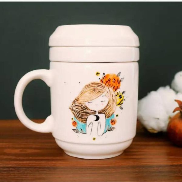 ماگ سرامیکی درب‌دار دست‌ساز طرح «رویای ماه و دختر»